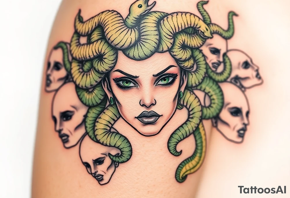 A detailed Medusa portrait with emerald-green serpents, her gaze hypnotic, surrounded by shattered stone faces of her victims tattoo idea