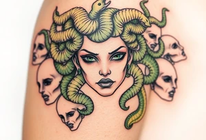 A detailed Medusa portrait with emerald-green serpents, her gaze hypnotic, surrounded by shattered stone faces of her victims tattoo idea