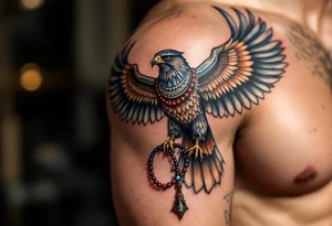 An Egyptian Falcon (Horus) Carrying a Rosary (only red, blue and black are possible colors) tattoo idea