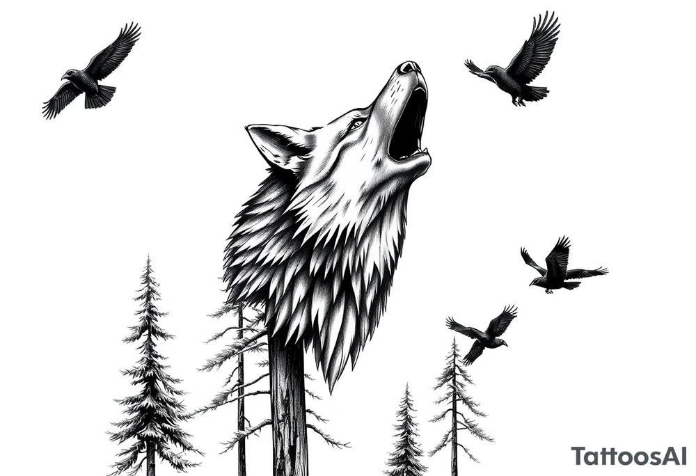 Tall pine trees with a large wolf head hovering in the foreground and 4 ravens flying overhead tattoo idea