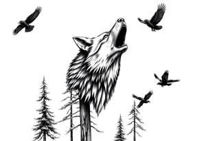 Tall pine trees with a large wolf head hovering in the foreground and 4 ravens flying overhead tattoo idea