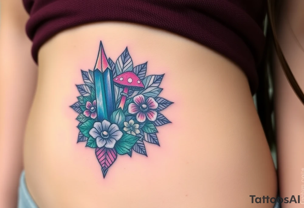 psychedelic  tattoo with crystals and  mandala style flowers and mushrooms like the second picture tattoo idea