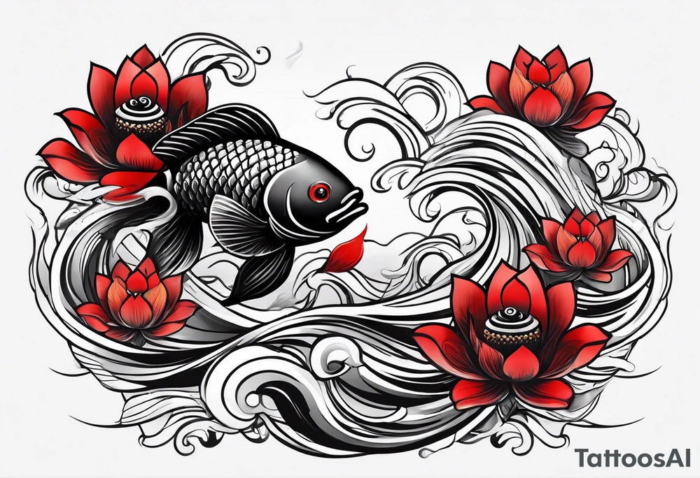 twin coi fish red and black with waves and lotus flowers tattoo idea