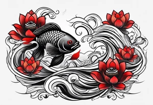 twin coi fish red and black with waves and lotus flowers tattoo idea