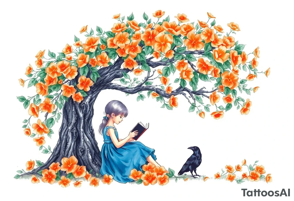 An orange tree full of flowers, a little girl wearing a blue dress sitting under it while reading. A raven watching her.


. tattoo idea