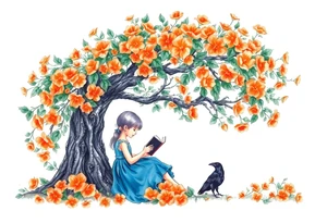 An orange tree full of flowers, a little girl wearing a blue dress sitting under it while reading. A raven watching her.


. tattoo idea