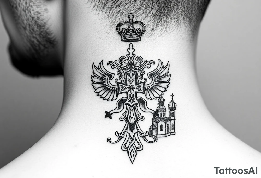 russian coat arms in a russian christian orthodox cross with the cross in the middle with a virgin mary & orthodox dome church on the side of the neck tattoo idea