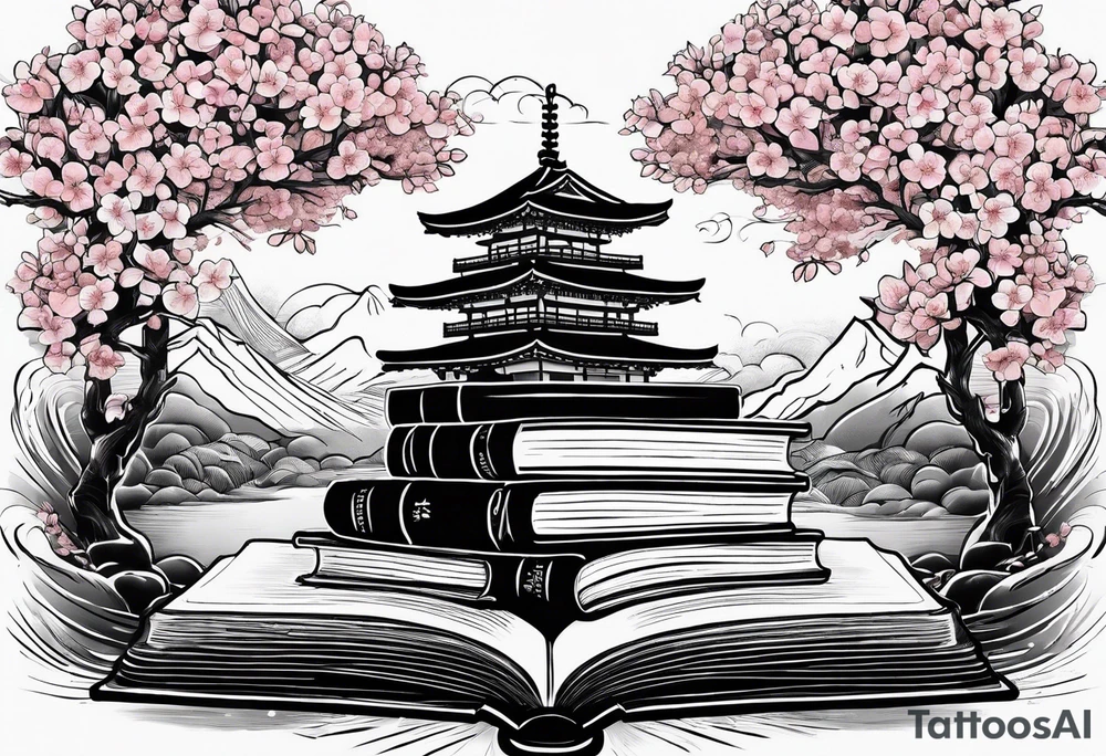 Stack of books with open book on top and cherry blossom tree growing out of it tattoo idea