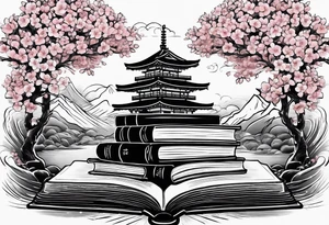 Stack of books with open book on top and cherry blossom tree growing out of it tattoo idea