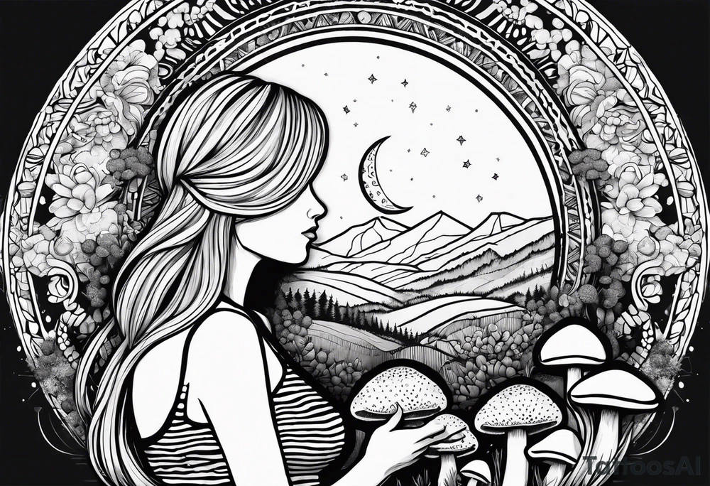 Straight blonde hair girl holding mushrooms in hand meditating facing away toward mountains surrounded by mushrooms crescent moon mandala circular design black and white striped dress tattoo idea