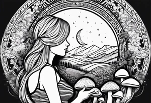 Straight blonde hair girl holding mushrooms in hand meditating facing away toward mountains surrounded by mushrooms crescent moon mandala circular design black and white striped dress tattoo idea