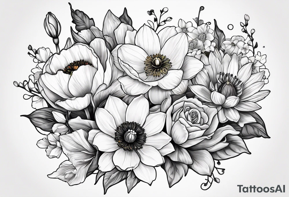Poppy, water lily, Lily of the valley, daffodil, cosmo, rose, daisy flower bouquet, portrait style tattoo idea
