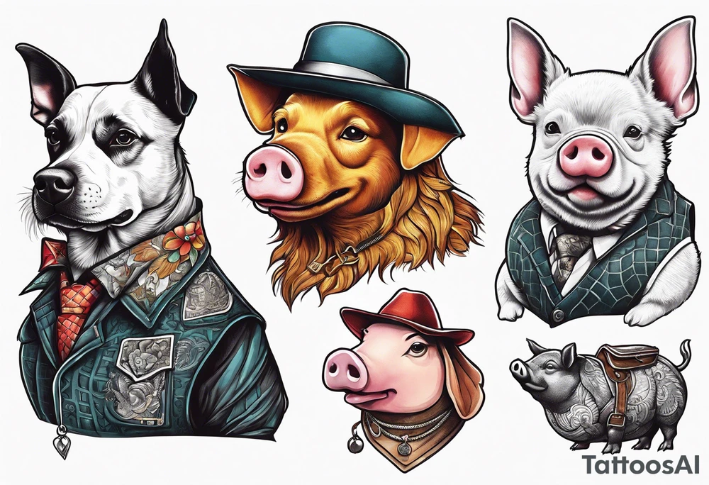 from left to right. dog wearing a smoking vest. Pig wearing a shirt. Dragon carries a handbag. Chicken carrying a handbag tattoo idea