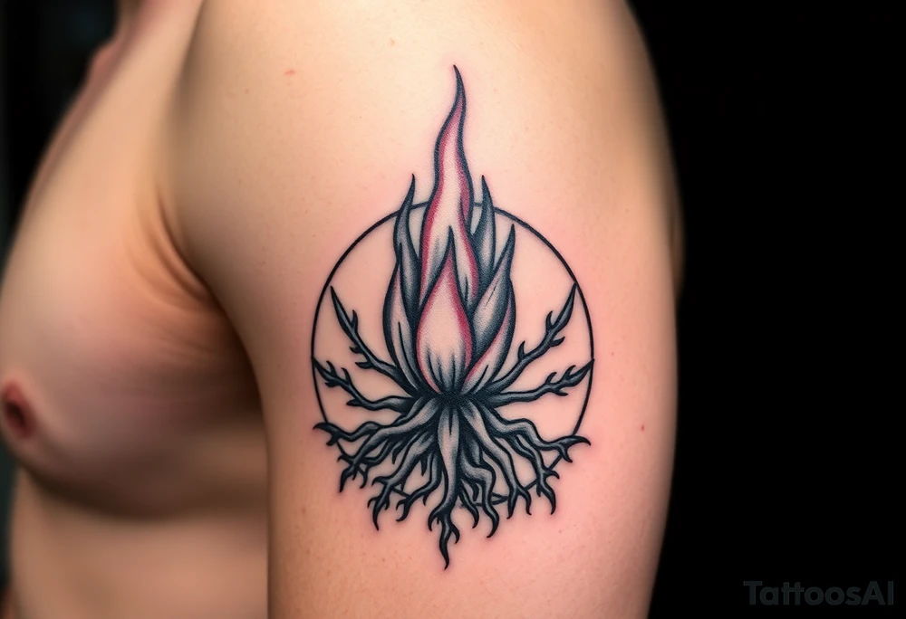 flame in a blooming roots circle tattoo idea