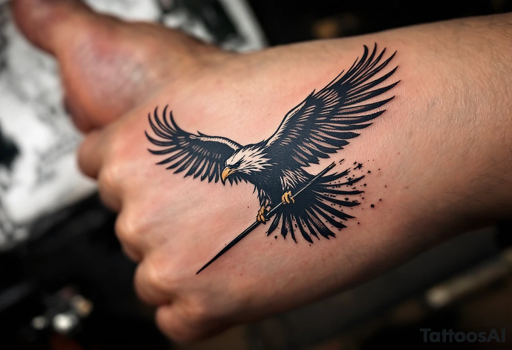 An eagle soaring over a Czech battlefield, carrying a battle-scarred flag, with dramatic light and shadow effects. tattoo idea