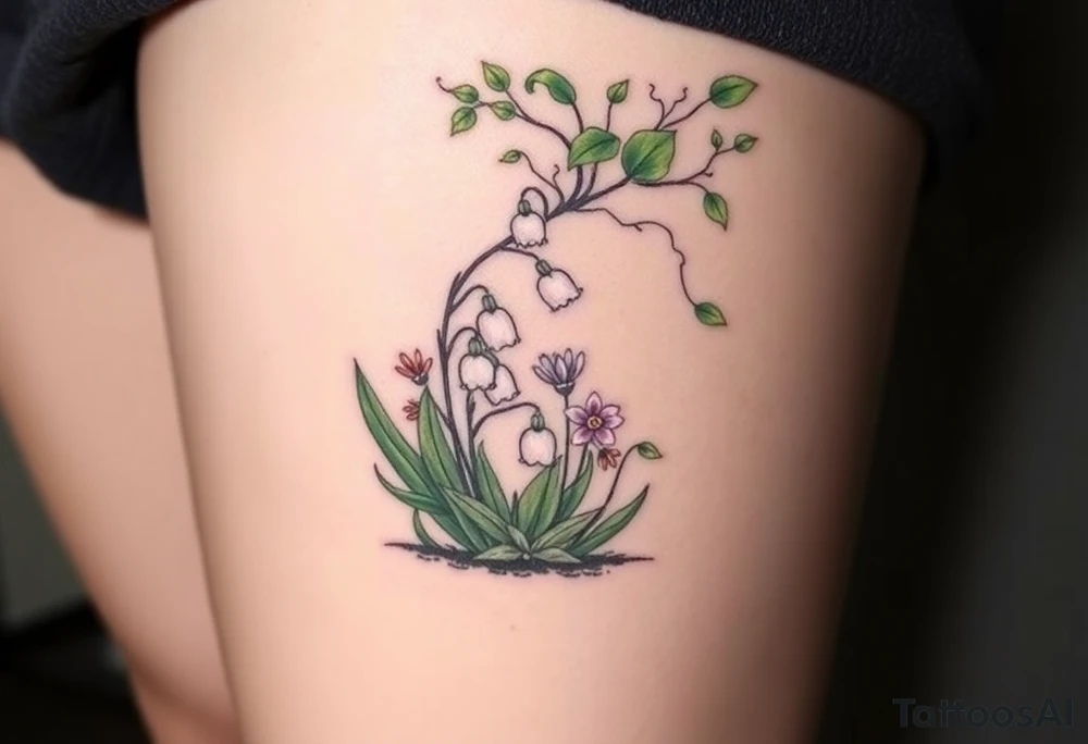 Small White lily in the valley bells growing next to other different colored lilie plants planted underneath a blooming hawthorn tree tattoo idea