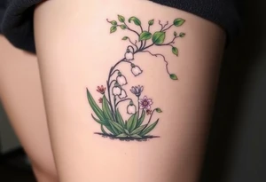 Small White lily in the valley bells growing next to other different colored lilie plants planted underneath a blooming hawthorn tree tattoo idea