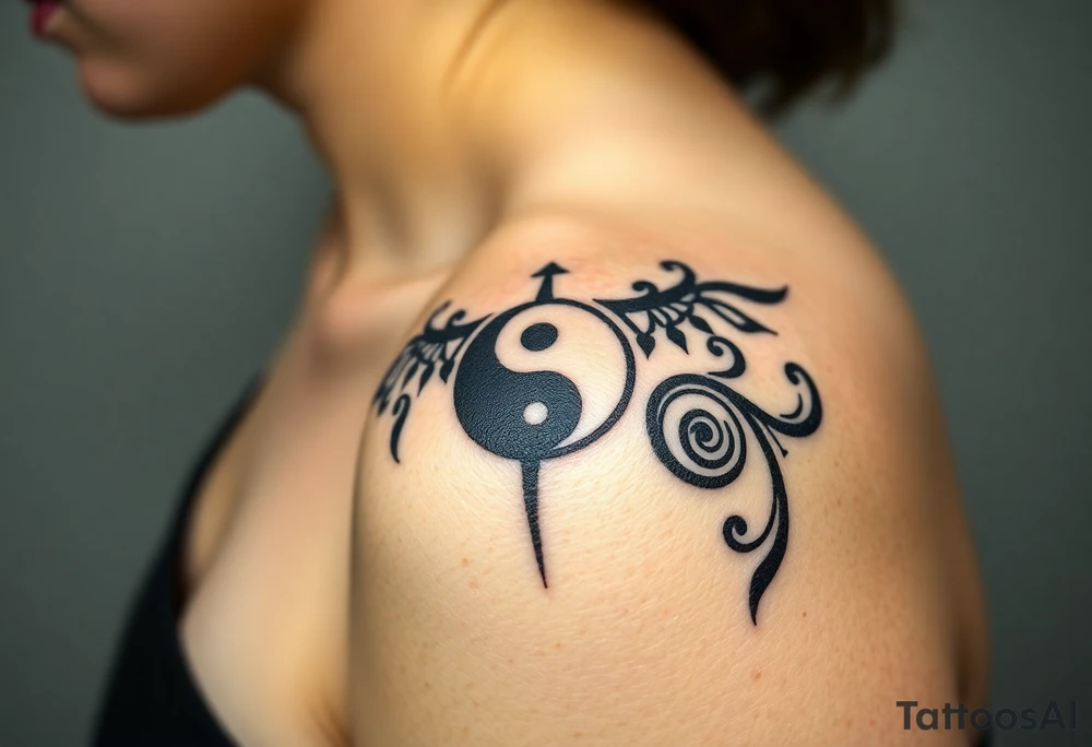 Magestic symbol combining ying yang, Gemini zodiac symbol,  and spiral Paisleys tattoo idea