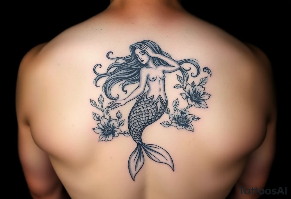 ethereal mermaid with flowing hair among coral and sea flowers tattoo idea