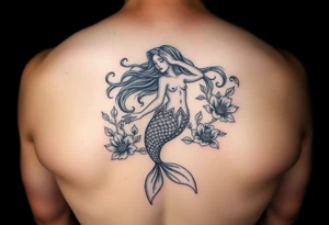 ethereal mermaid with flowing hair among coral and sea flowers tattoo idea