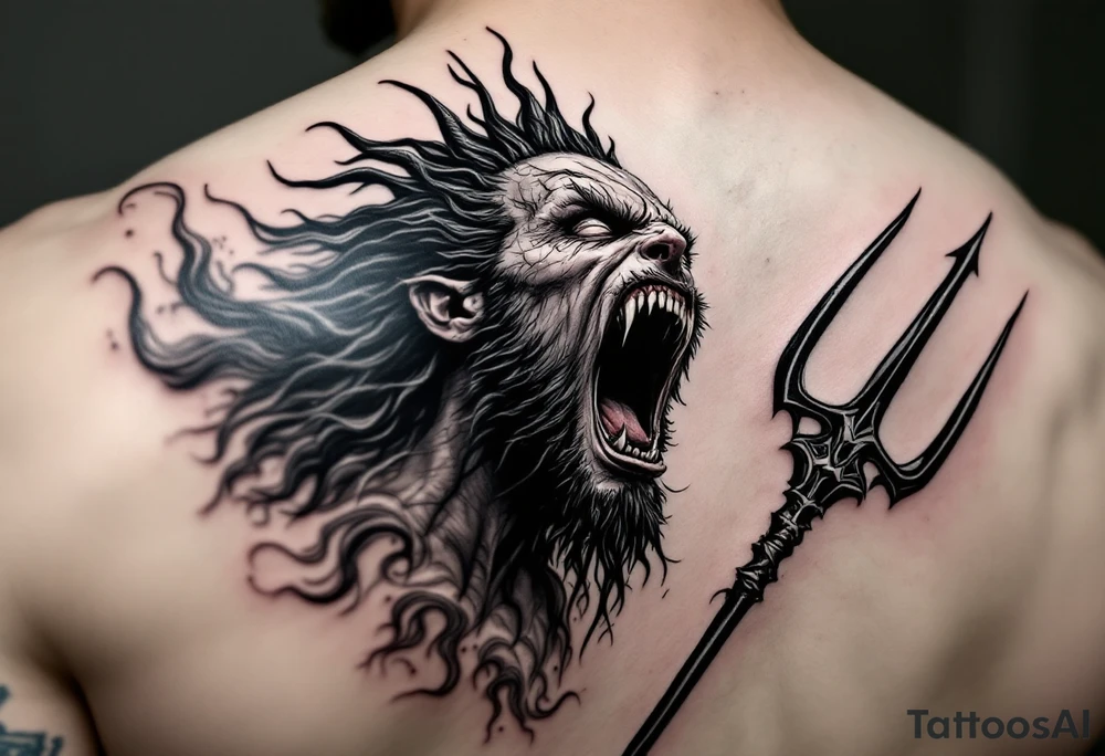 screaming poseidon, behind a trident, looking at the sky tattoo idea