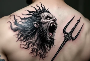 screaming poseidon, behind a trident, looking at the sky tattoo idea