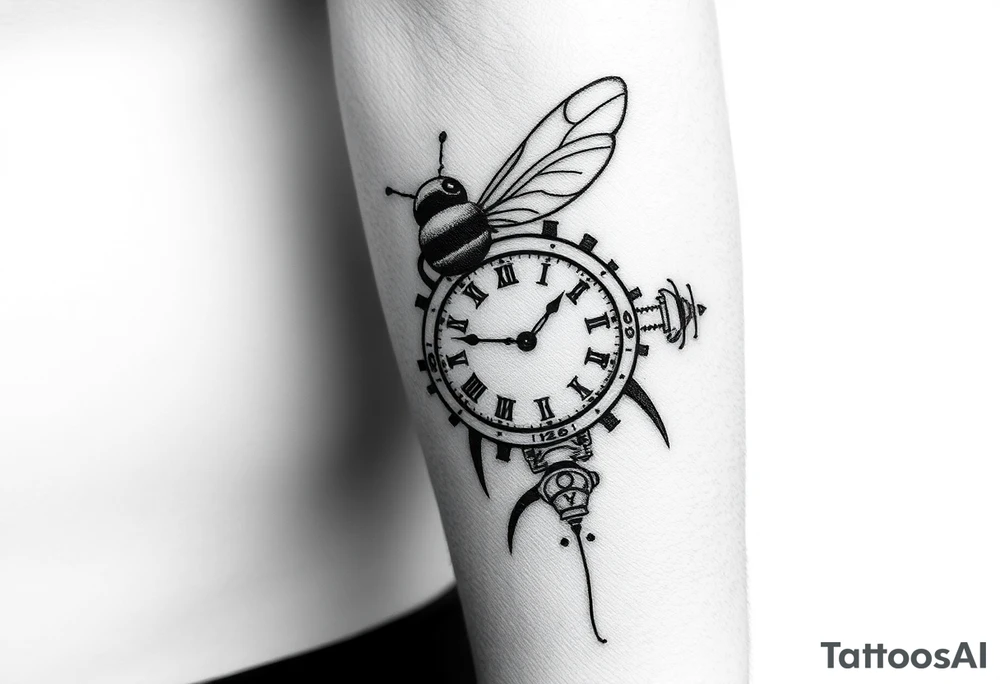Imaginez le Colisé  en arrière-plan  une abeille    et une horloge montrant 6h40 tattoo idea