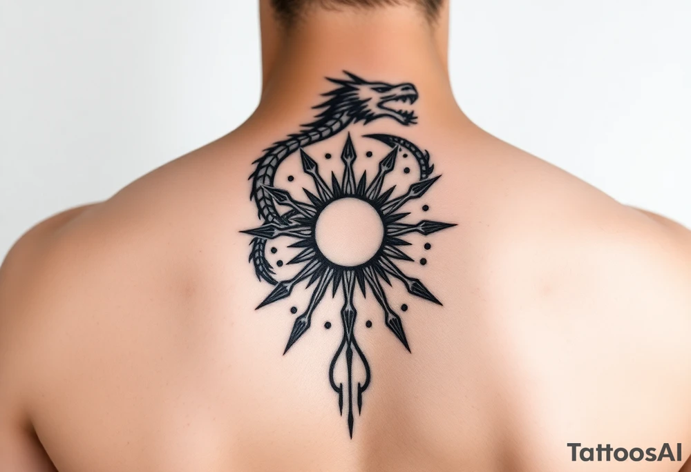 A symbolic back tattoo featuring a minimalist tribal-style dragon wrapped around a radiant sun, incorporating Amazigh (Berber) symbols for strength, freedom, and identity. The design should reflect themes of transformation, grounding, and soul direction, resonating with a journey of inner rebirth and spiritual embodiment. Style: fine linework, sacred geometry, tribal influence, and dotwork. Ink: black or dark brown. tattoo idea