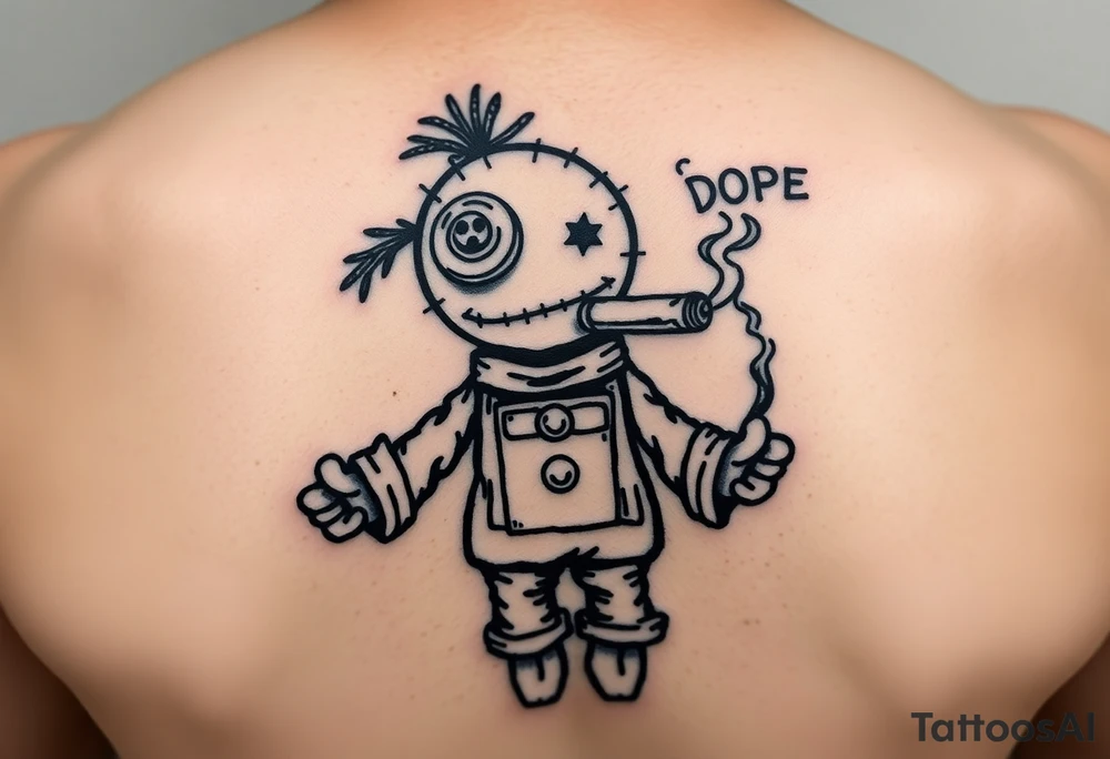 Stitched up rag doll with a button as one eye and some thread as the other. Holding some money in one hand and a cigar in the other hand. Smoke pouring off the cigar with the cloud of smoke above spelling out the word DOPE tattoo idea