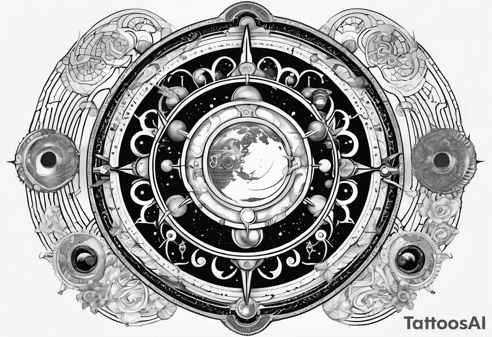 elements of nature and engineering in solar system with OM symbol in center tattoo idea