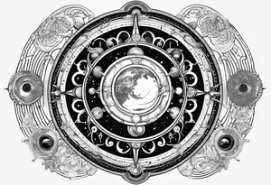 elements of nature and engineering in solar system with OM symbol in center tattoo idea