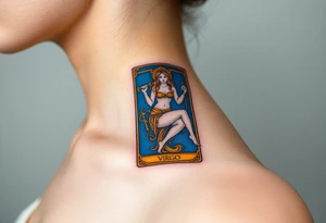 A tarot card featuring the Virgo symbol, with intricate gold detailing and a rich deep blue background tattoo idea