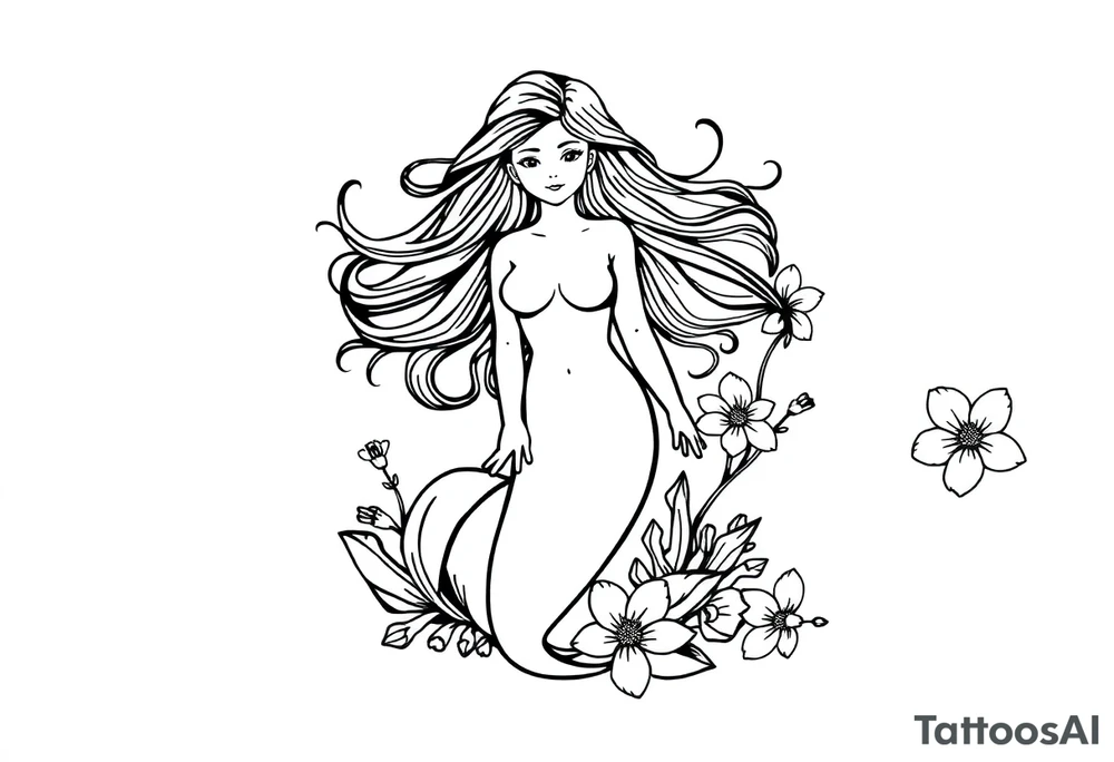 ethereal mermaid with flowing hair among coral and sea flowers tattoo idea