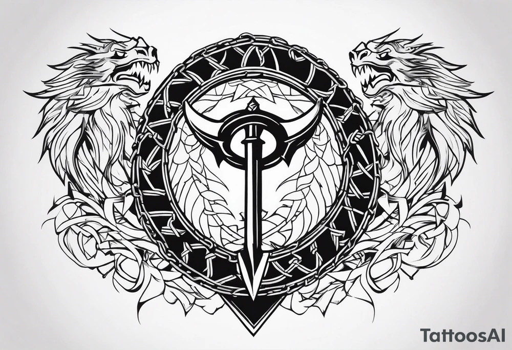 Valhalla sword shield dragon axe Valknut barbed wire chains tattoo idea Valhalla sword shield dragon axe Valknut barbed wire chains tattoo idea