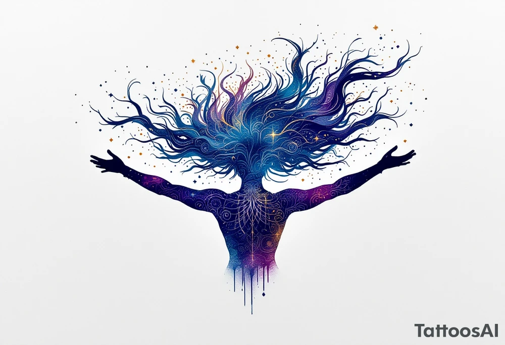 A silhouette of Tris with her arms outstretched, symbolizing her freedom and resistance. Her hair flows into a burst of intricate patterns, representing the different factions. Soft shades of blue and purple with a splash of gold for a dreamy, ethereal effect. Light blue, dark purple, gold accents. tattoo idea