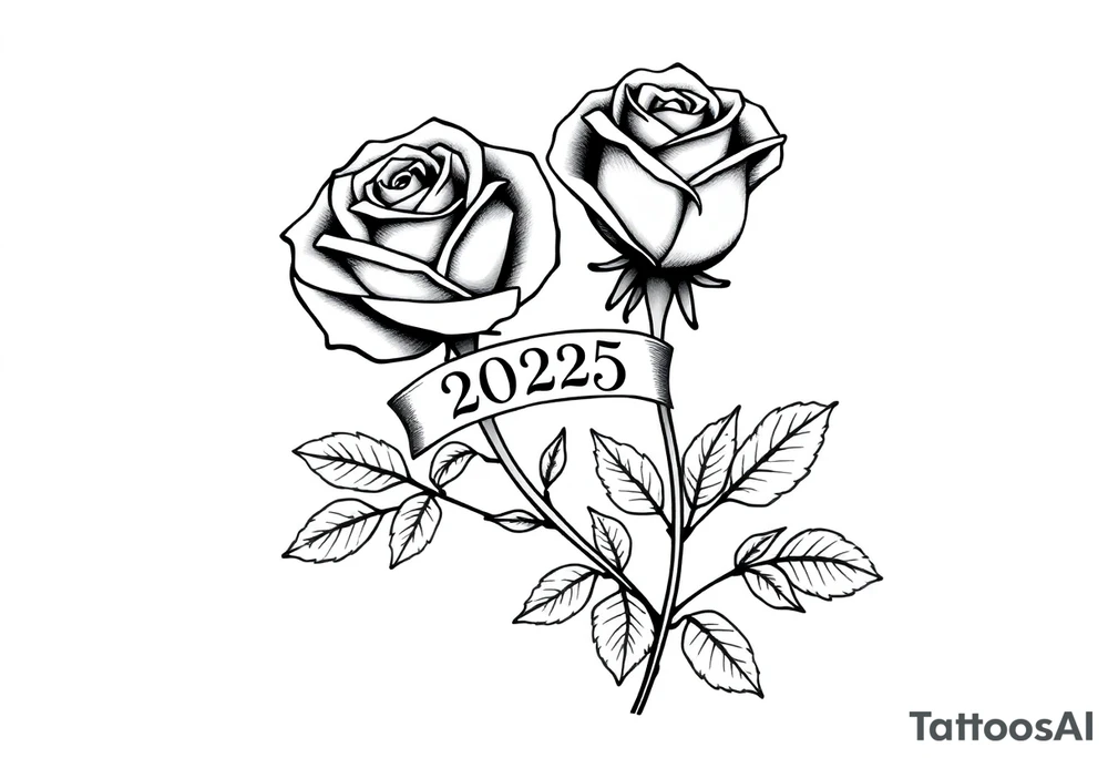 two beautiful large rose buds, one larger than the other, with many leaves next to the rose buds, with one sitting higher than the other. Include a banner connecting the two roses with the year "2025" on it.   Use dark outlines with little shading. The two stems should be short, not long, and connect and join into one stem, whimsically curved or twisted - not straight down. tattoo idea