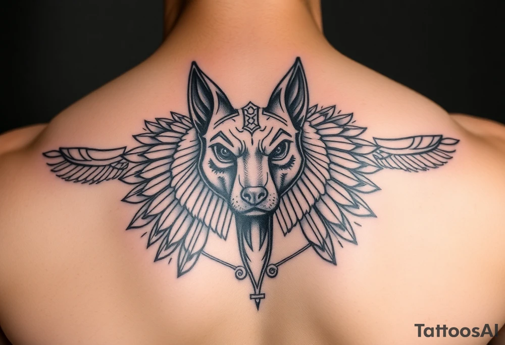 muscle Egyptian Anubis god face in Egypt style dog face surrounded Egyptian symbols tattoo idea