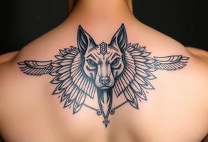 muscle Egyptian Anubis god face in Egypt style dog face surrounded Egyptian symbols tattoo idea