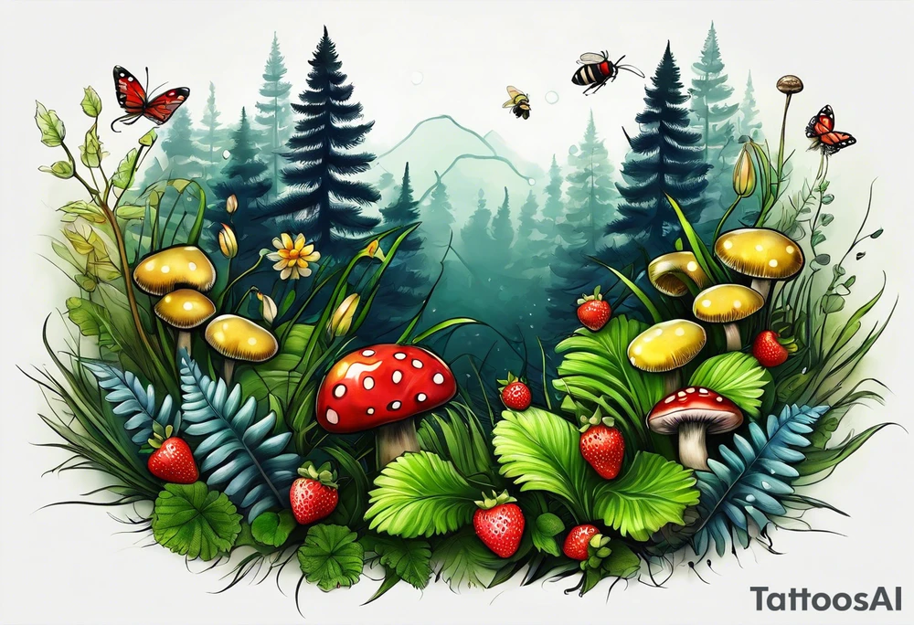 a delicate coloured realistic forest floor inspired tattoo, which must include: grass, ferns, small strawberries, a small flying bumblebee, some very small mushrooms, dead leaves tattoo idea