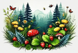 a delicate coloured realistic forest floor inspired tattoo, which must include: grass, ferns, small strawberries, a small flying bumblebee, some very small mushrooms, dead leaves tattoo idea