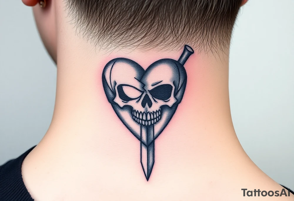 A broken heart with a shadow skull and a knife showing no remorse with all my pains in my life tattoo idea