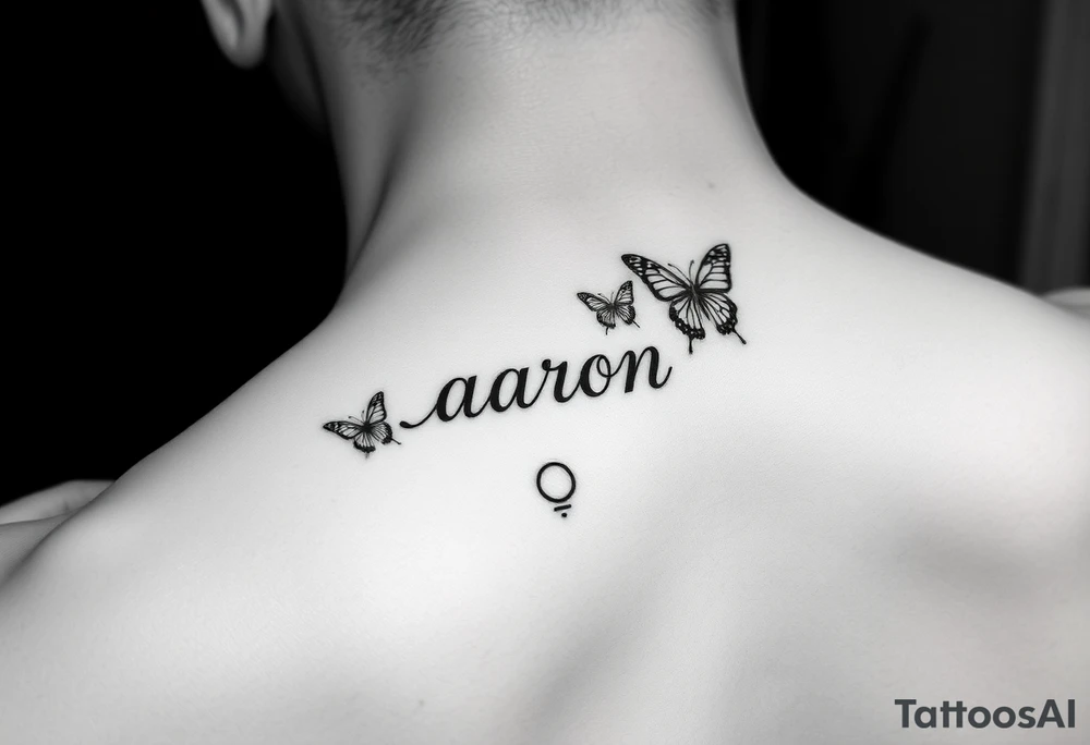 a hand tattoo with the name aaron, add some butterflies and a semicolon tattoo idea