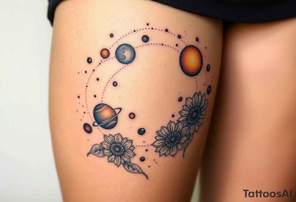 Milky way galaxy with planets with zodiac symbols and protection runes in it with tigerlillies roses and sunflowers tattoo idea