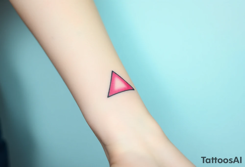 A watercoloured pink triangle (upsidedown), with very small black lining and upside down. Just the colour pink. No shapes. Just the colour pink filling the triangle and a small black outline tattoo idea