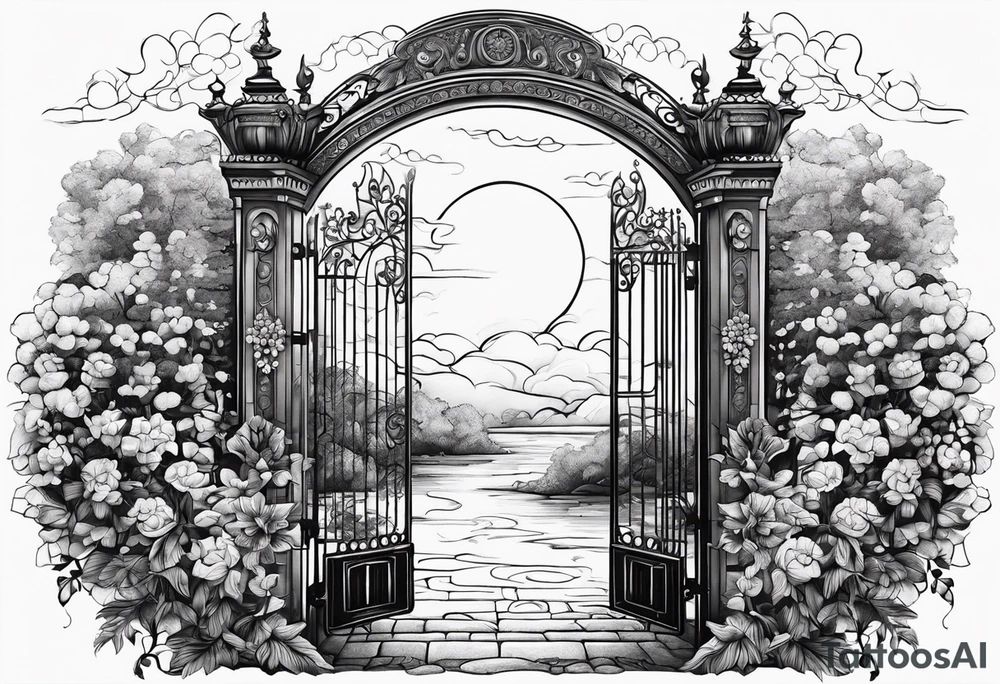 night ancient big town far away  garden gate entrance 
 in circle vignette surrounded by clouds floral tattoo idea