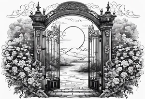 night ancient big town far away  garden gate entrance 
 in circle vignette surrounded by clouds floral tattoo idea