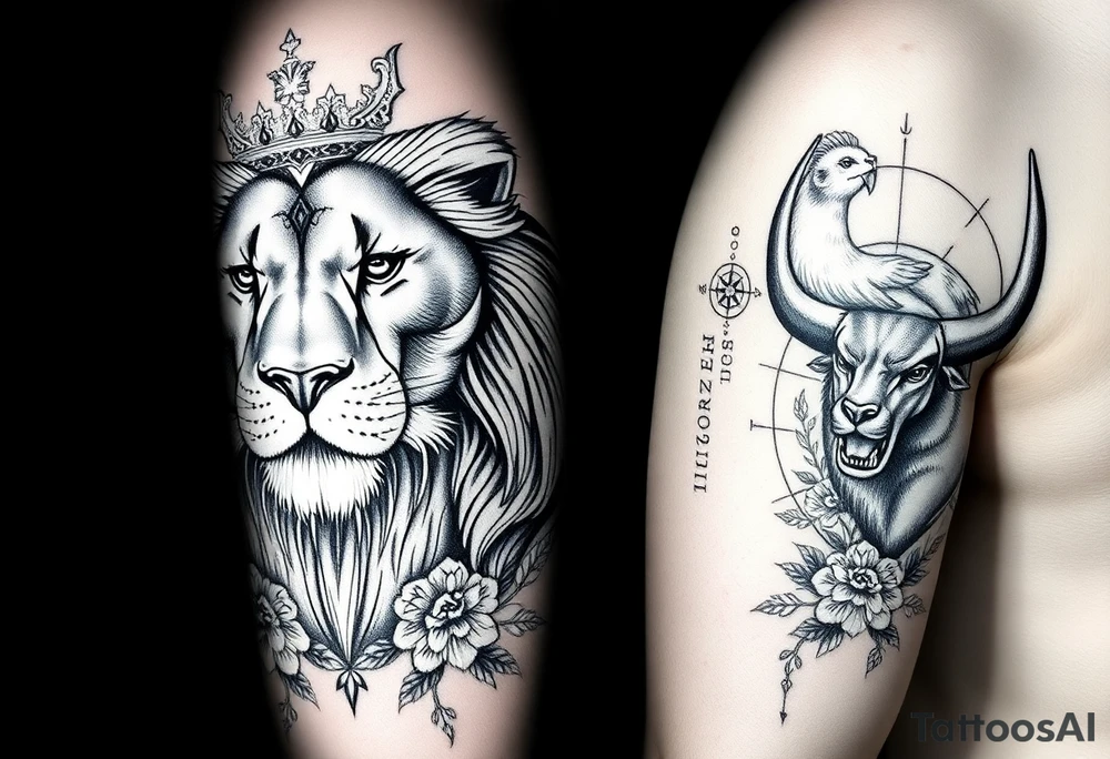 powerful majestic lion family - lionsfather with a crown, a loosnmother and a lions boy and a strong lions babygirl - surrounded by floral ornaments and birds and a compass! Include the name „Jennifer“ with the date 08.04.2022 in kursiv letters. include also a spanish osbourne bull - the tattoo idea is for the whole right arm tattoo idea