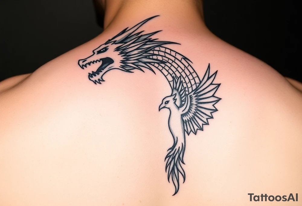 Dragons head at the top left of the chest with a phoenix below to the right tattoo idea