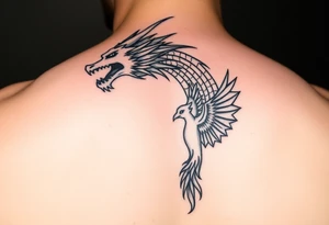 Dragons head at the top left of the chest with a phoenix below to the right tattoo idea