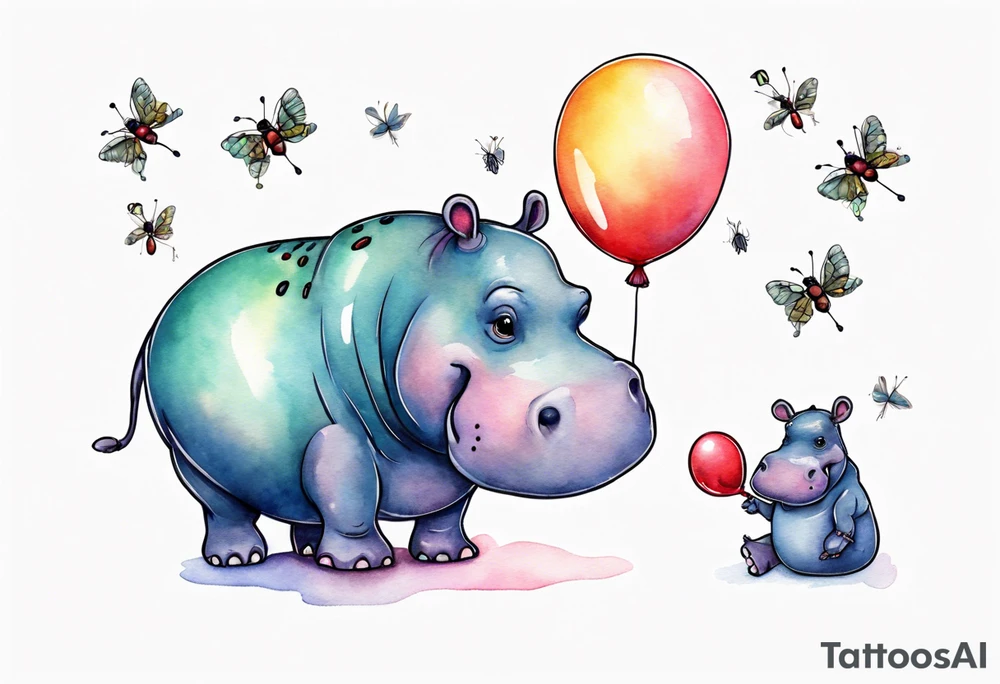 Whimsical tattoo of a hippo holding a balloon with a bug on it. Colorful and cute tattoo idea